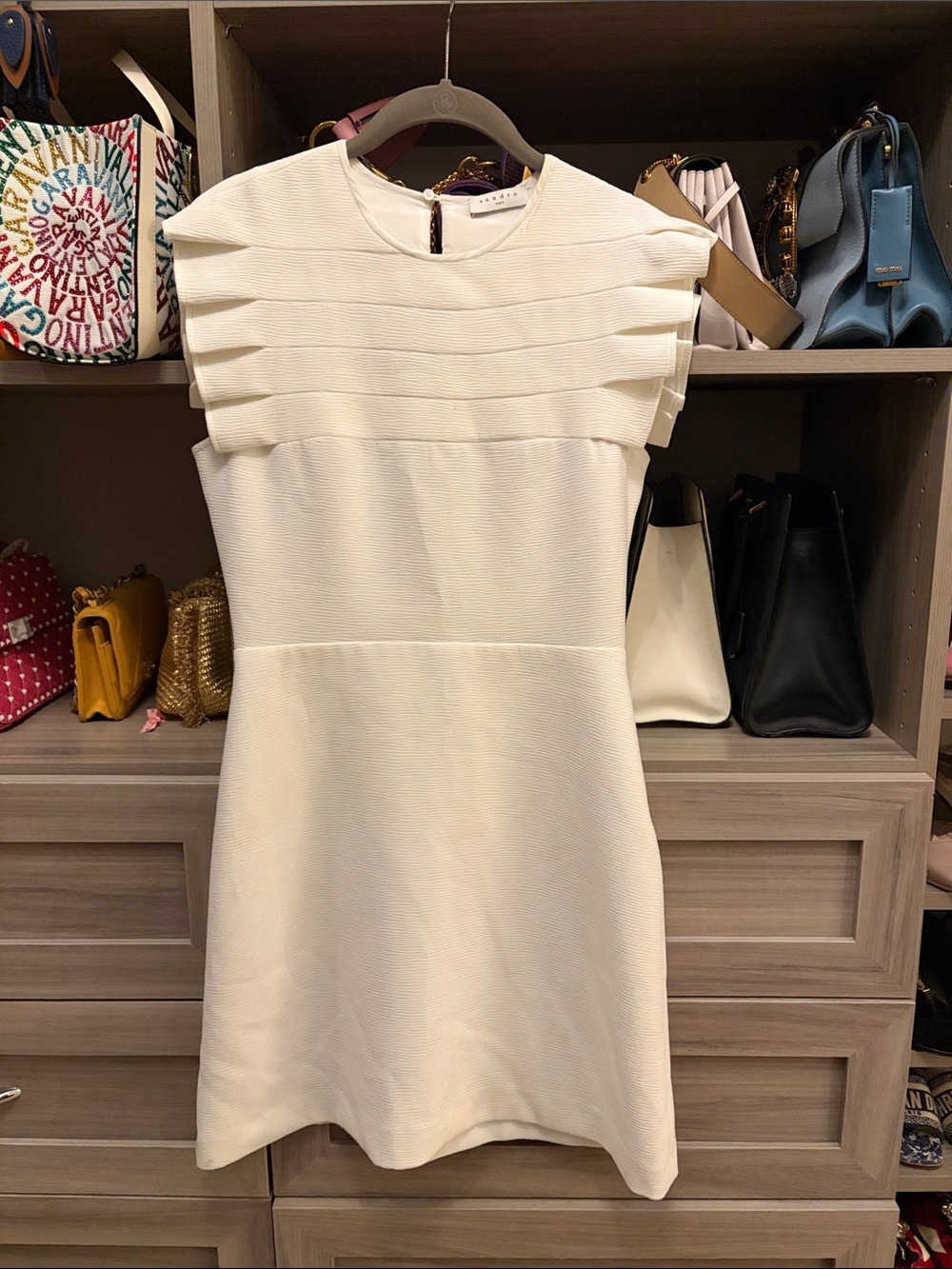 Sandro Ivory Structured Pleated-Sleeve Mini Dress